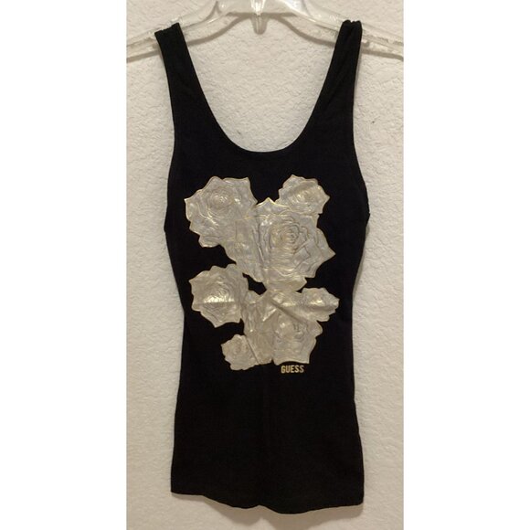 Guess Black Tank Top With Silver Rose Design Size XS - Picture 1 of 5